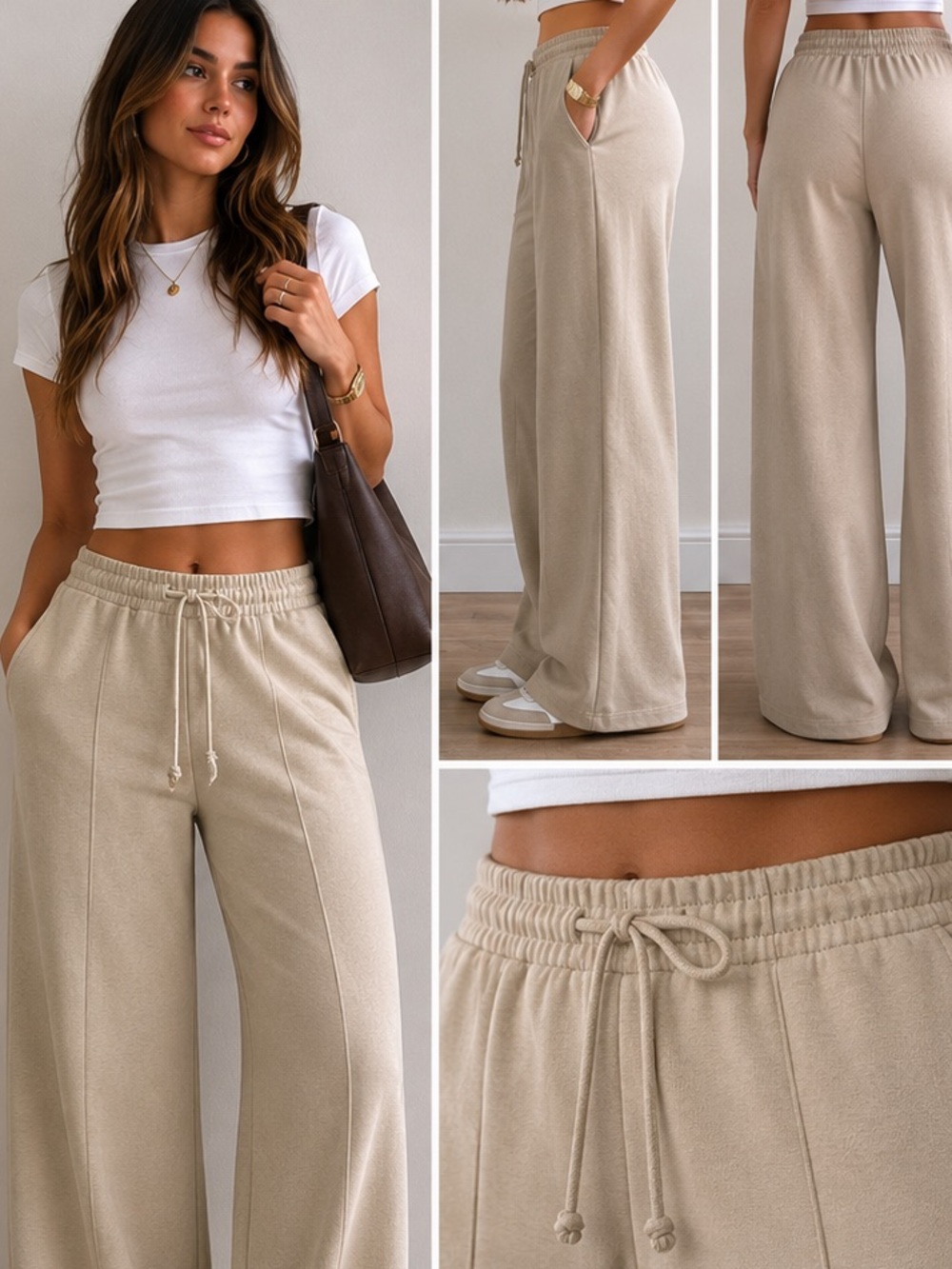 Zara Wide-Leg Drawstring Pants in Light Beige